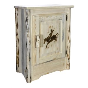 montana woodworks wood accent cabinet with engraved bronc in natural