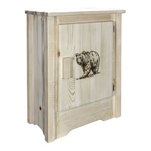 montana woodworks homestead wood accent cabinet with engraved bear in natural