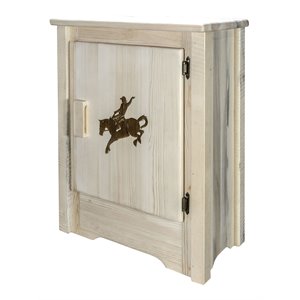 montana woodworks homestead wood accent cabinet with engraved bronc in natural