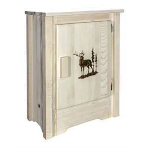 montana woodworks homestead wood accent cabinet with engraved elk in natural