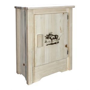 montana woodworks homestead wood accent cabinet with engraved moose in natural