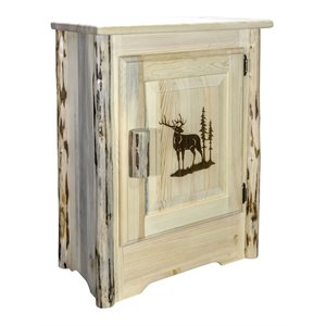 montana woodworks wood accent cabinet with engraved elk design in natural