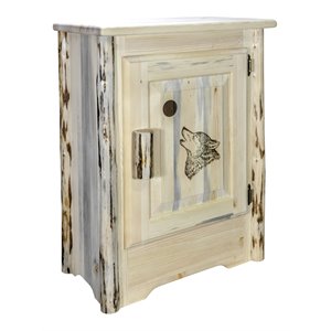 montana woodworks wood accent cabinet with engraved wolf design in natural