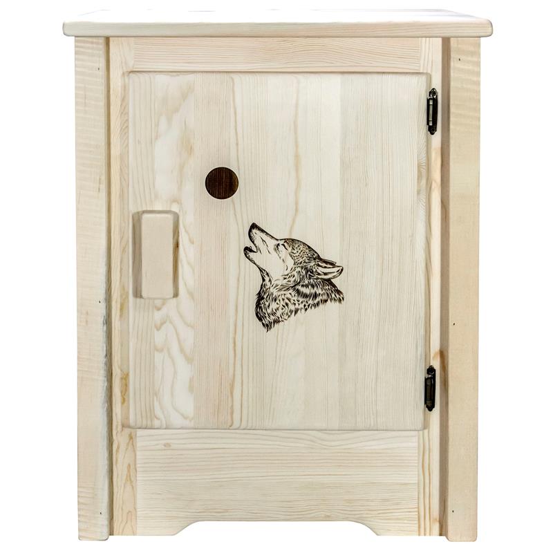 Montana Woodworks Homestead Wood Accent Cabinet with Engraved Wolf in Natural