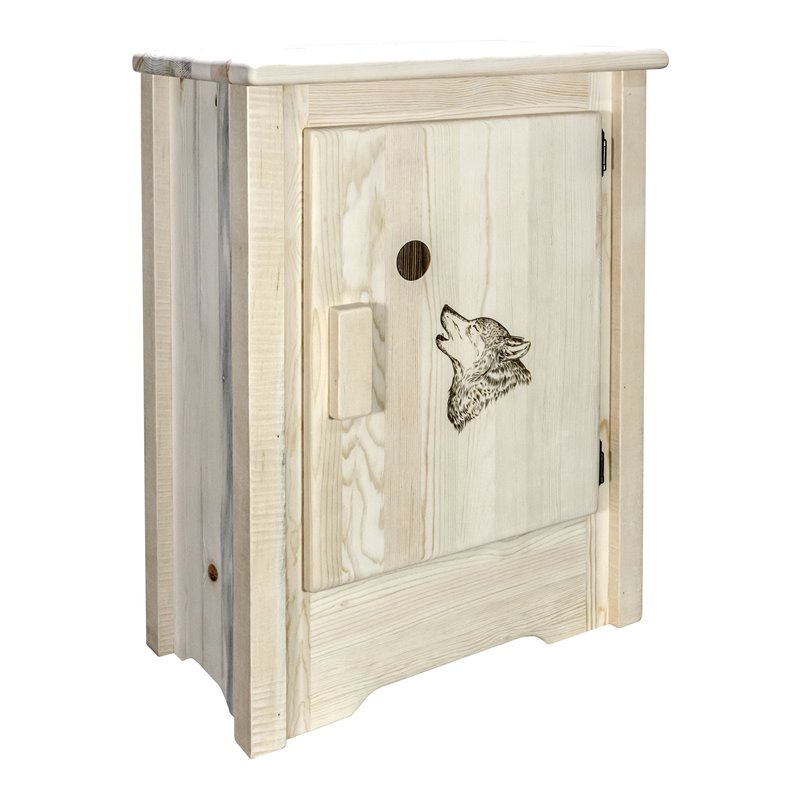 Montana Woodworks Homestead Wood Accent Cabinet with Engraved Wolf in Natural