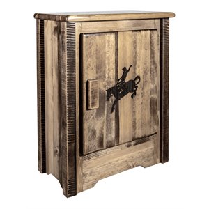 montana woodworks homestead wood accent cabinet with engraved bronc in brown