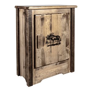 montana woodworks homestead wood accent cabinet with moose design in brown