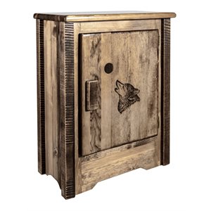 montana woodworks homestead wood accent cabinet with wolf design in brown