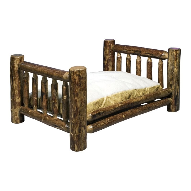 Montana Woodworks Glacier Country Large Wood Pet Feeder with Mattress in Brown