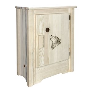 montana woodworks homestead wood accent cabinet with wolf design in natural