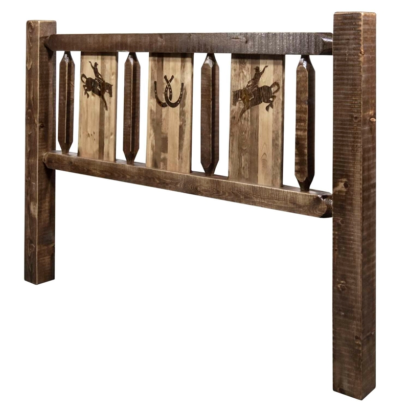 Montana Woodworks Homestead Wood Queen Headboard with Bronc Design in Brown