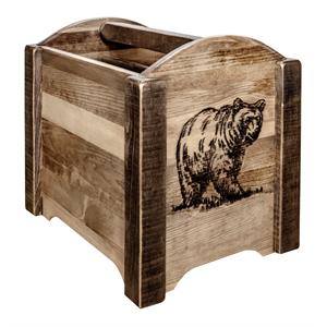montana woodworks homestead wood magazine rack with bear design in brown
