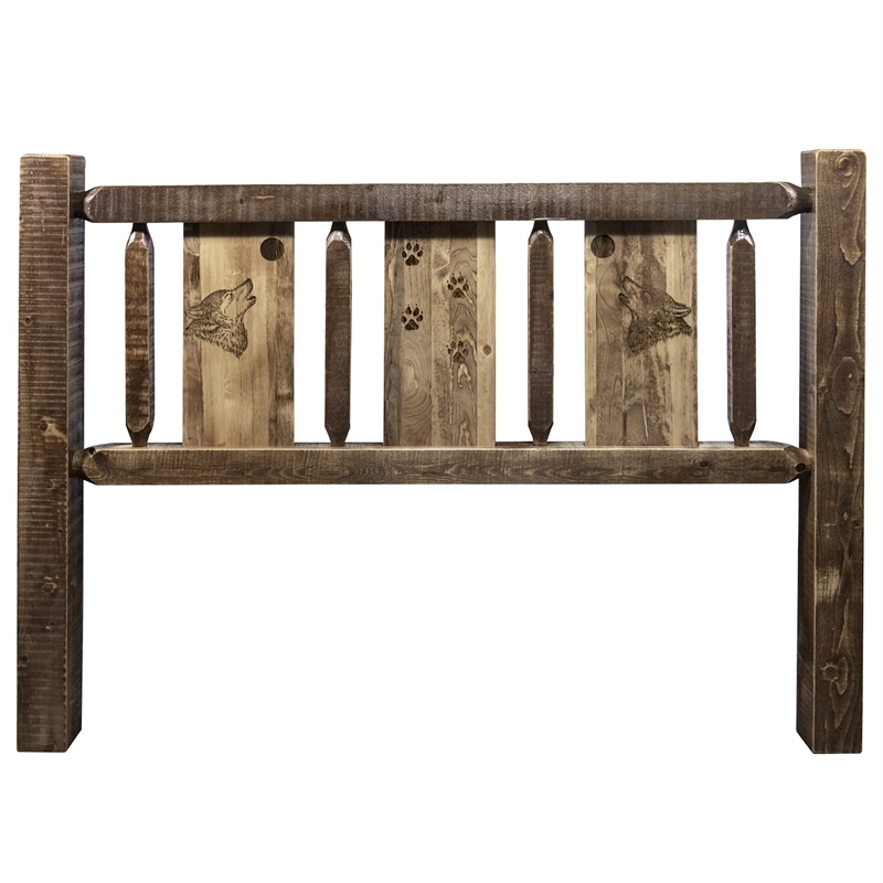 Montana Woodworks Homestead Wood Queen Headboard with Engraved Wolf in Brown