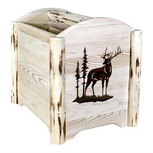 montana woodworks wood magazine rack with engraved elk design in natural