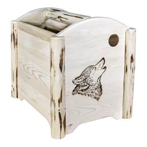montana woodworks wood magazine rack with engraved wolf design in natural