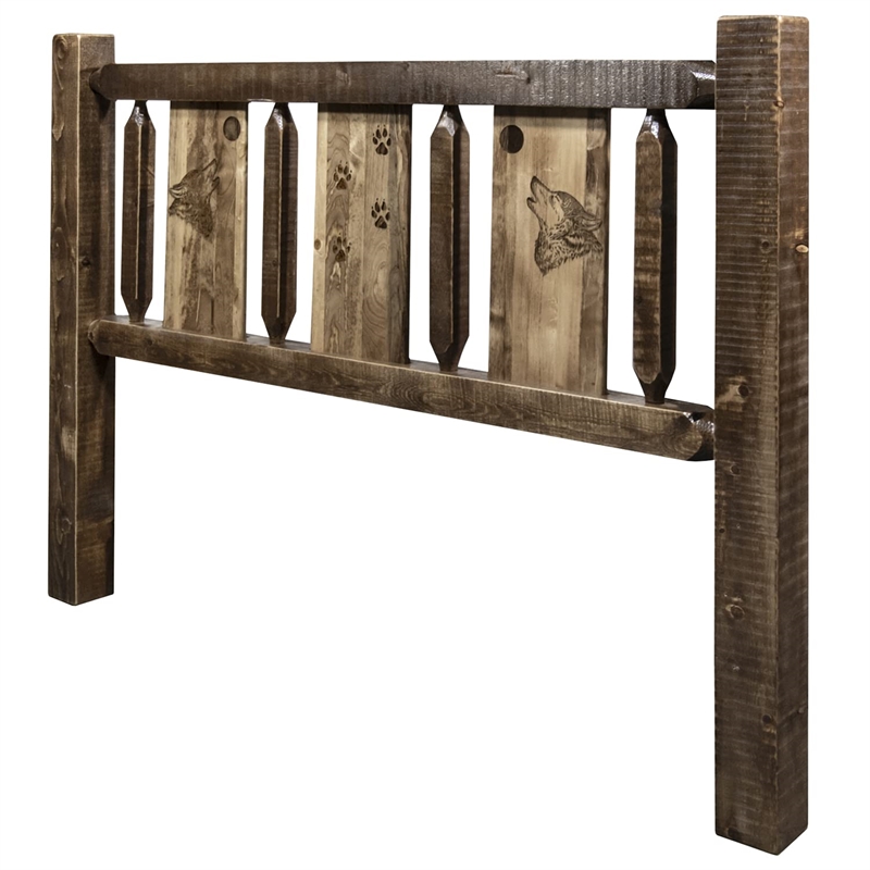 Montana Woodworks Homestead Wood King Headboard with Wolf Design in Brown