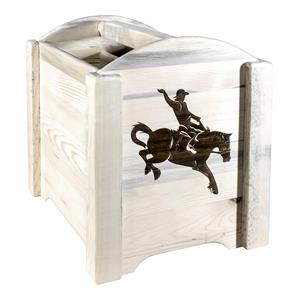 montana woodworks homestead wood magazine rack with engraved bronc in natural