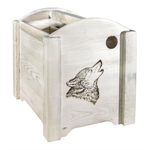 montana woodworks homestead wood magazine rack with engraved wolf in natural
