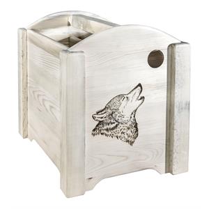 montana woodworks homestead wood magazine rack with wolf design in natural