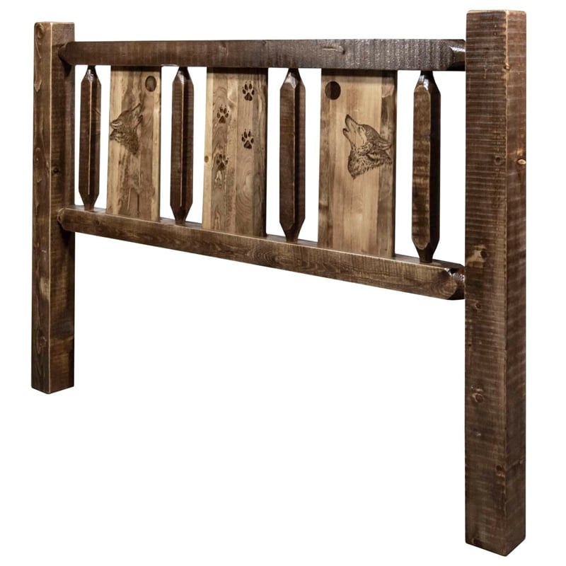 Montana Woodworks Homestead Wood Queen Headboard with Wolf Design in Brown