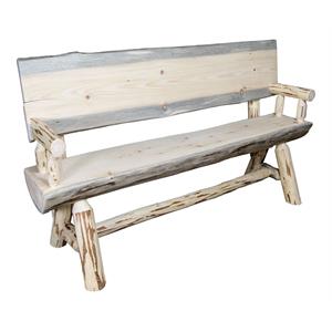 Montana Woodworks Transitional Wood Half Log Bench with Back and Arms in Natural