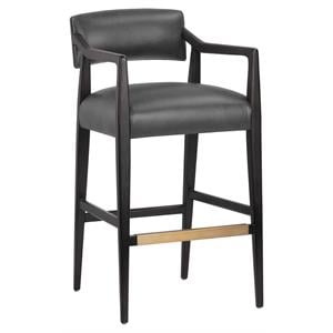 Sunpan Keagan 31.5&quot Mid-Century Leather and Solid Oak Wood Barstool in Black