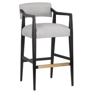 Sunpan Keagan 31.5&quot Mid-Century Leather and Solid Oak Wood Barstool in Gray