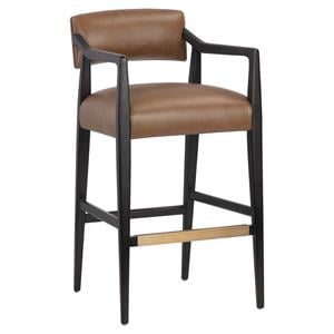 Sunpan Keagan 31.5&quot Mid-Century Leather and Solid Oak Wood Barstool in Brown
