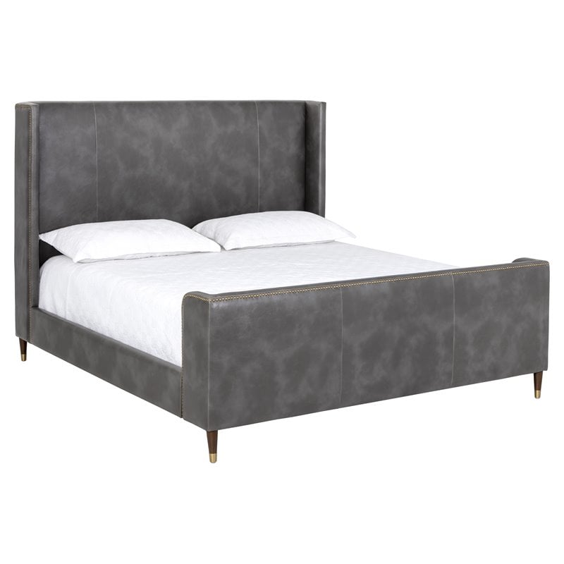 Sunpan Chianti Modern Faux Leather and Solid Birch Wood King Bed in Gray/Brown