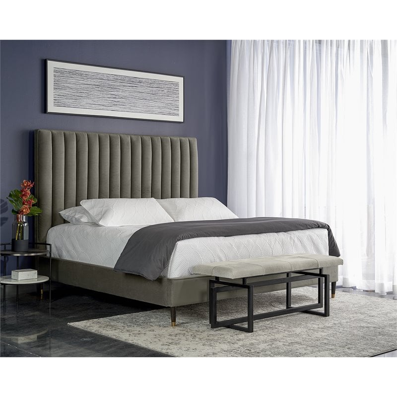 Sunpan Yosi Modern Fabric King Bed with Brown Birch Wood Legs in Gray