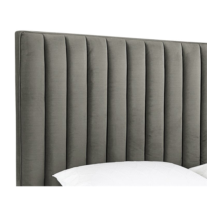 Sunpan Yosi Modern Fabric King Bed with Brown Birch Wood Legs in Gray