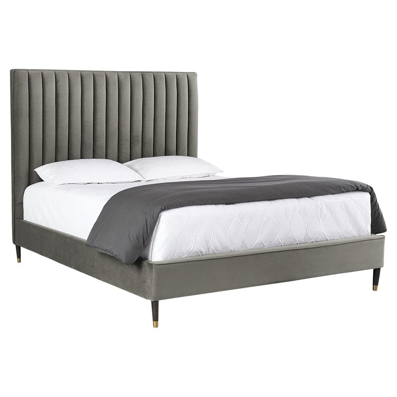 Sunpan Yosi Modern Fabric King Bed with Brown Birch Wood Legs in Gray