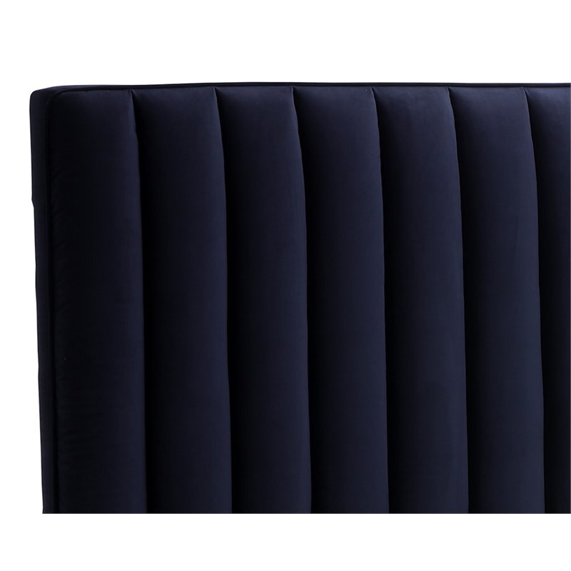 Sunpan Yosi Modern Fabric Queen Bed with Brown Birch Wood Legs in Blue