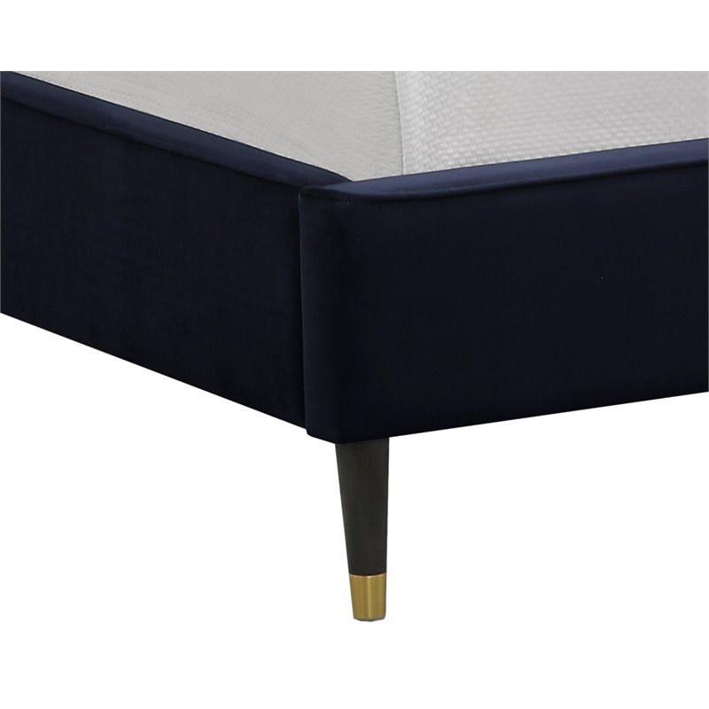 Sunpan Yosi Modern Fabric Queen Bed with Brown Birch Wood Legs in Blue