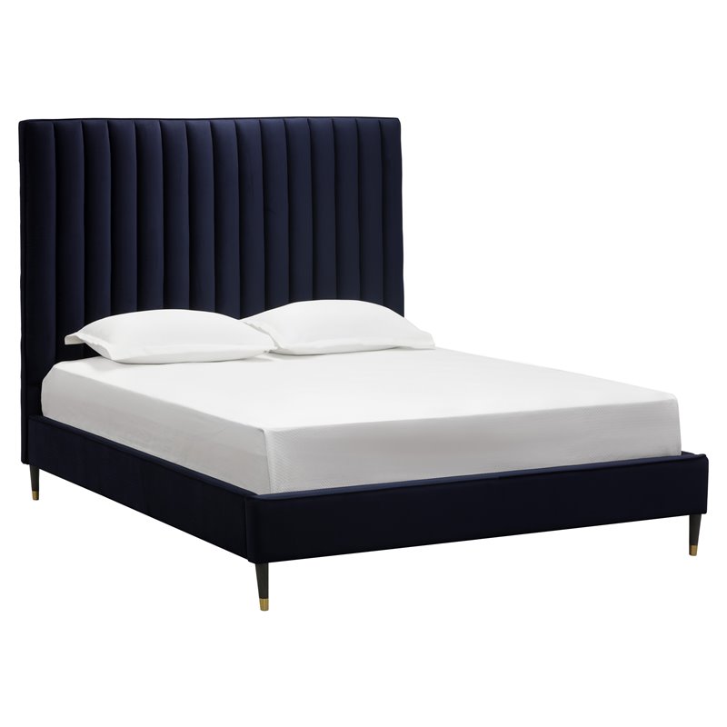 Sunpan Yosi Modern Fabric Queen Bed with Brown Birch Wood Legs in Blue