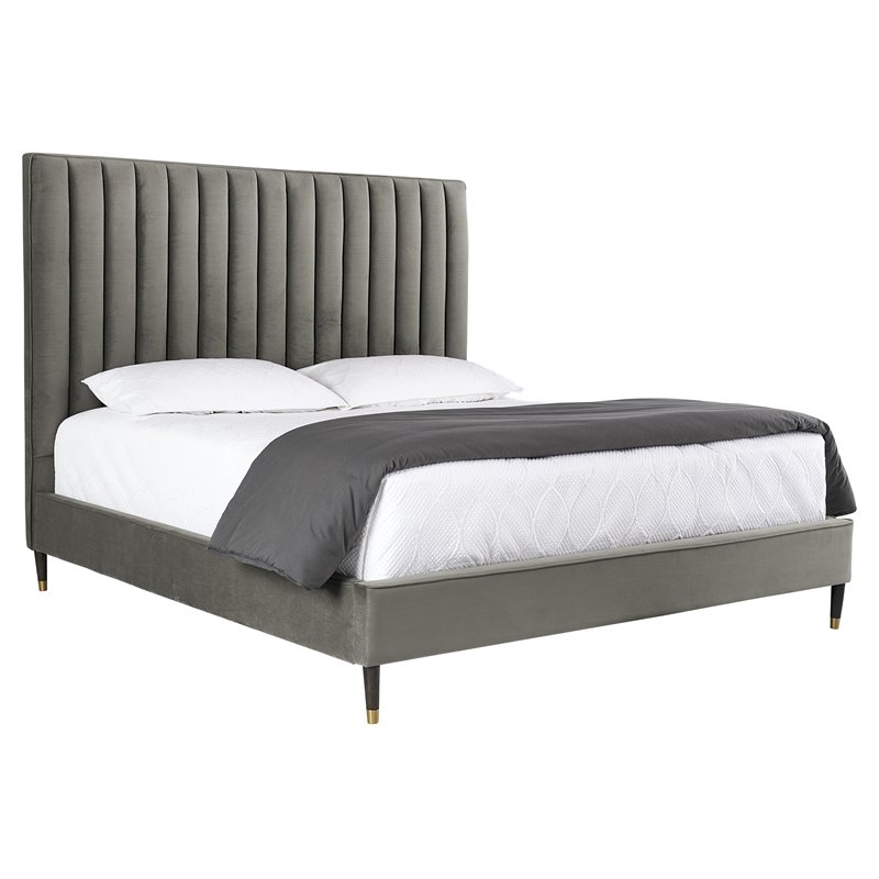 Sunpan Yosi Modern Fabric Queen Bed with Brown Birch Wood Legs in Gray