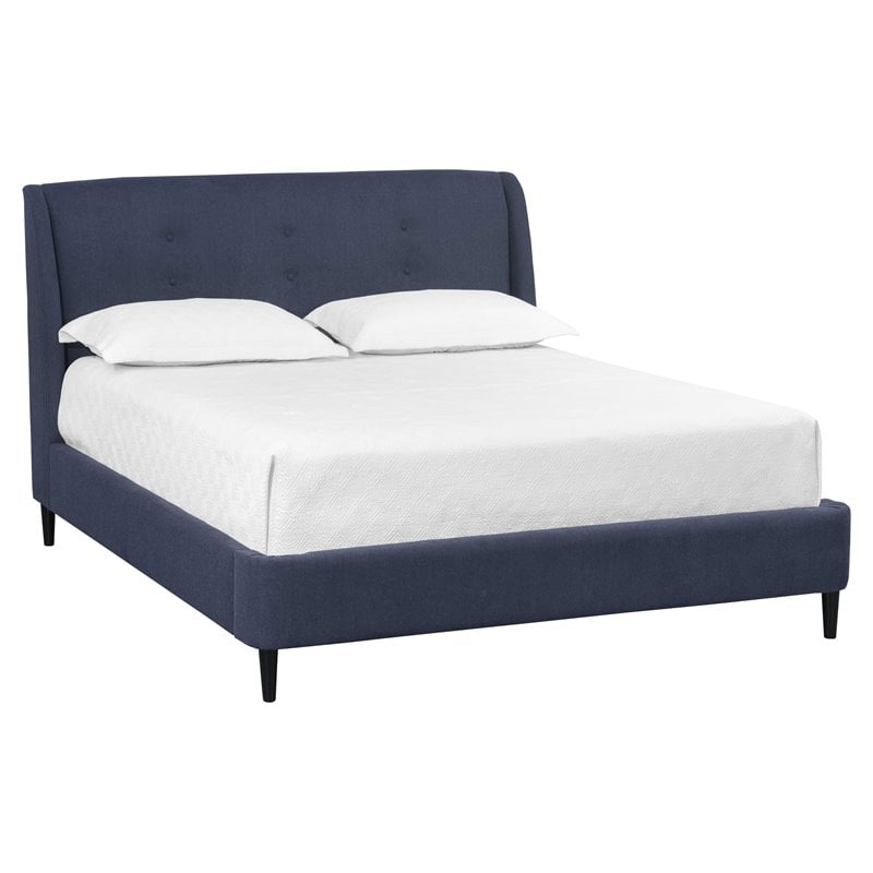 Sunpan Bath Modern Fabric Queen Bed with Solid Rubberwood Legs in Blue