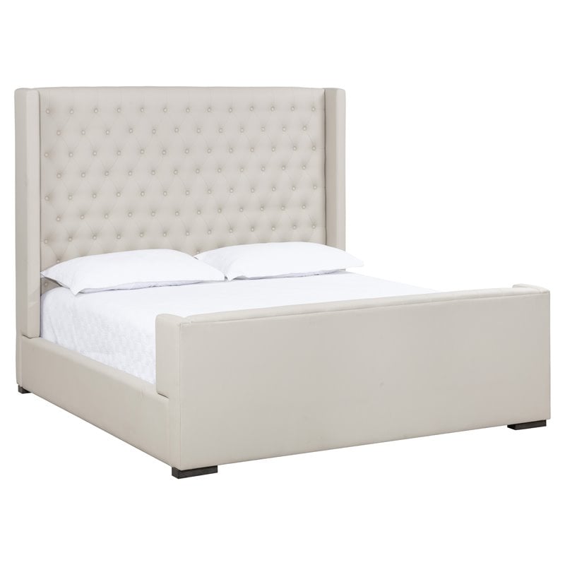 Sunpan Brittany Modern Faux Leather and Plywood King Bed in Cream/Walnut