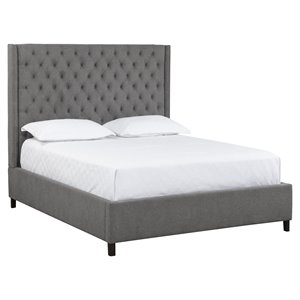 Sunpan Devon Modern Fabric Queen Bed with Solid Rubberwood Legs in Koala Gray
