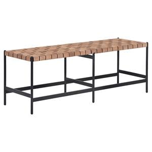 Sunpan Omari 51.25&quot Modern Leather and Iron Bench in Black/Light Tan