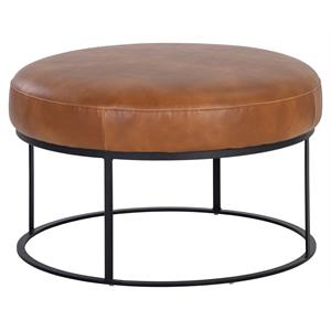 Sunpan Elgin 30.25&quot Round Modern Faux Leather Ottoman in Tobacco Tan