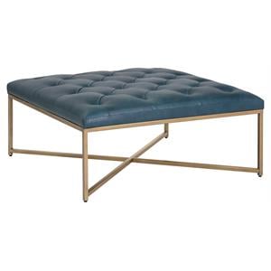 Sunpan Endall 39.5&quot Square Transitional Leather Ottoman in Blue