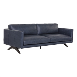 Sunpan Rogers 16.75&quot Modern Leather and Wood Sofa in Blue/Brown