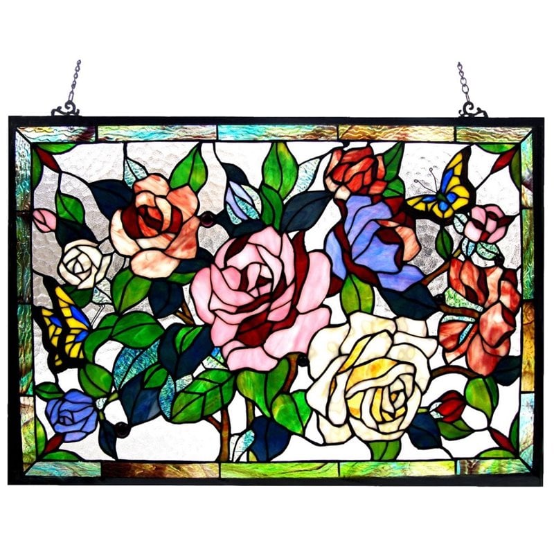 CHLOE Ruthie Tiffany-glass featuring Roses & Butterflies Window Panel 27x19