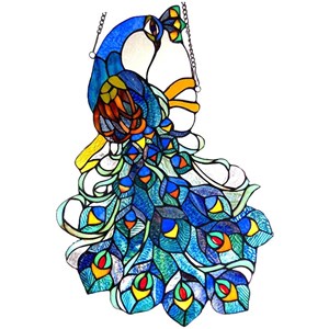 CHLOE Glory Tiffany-glass Peacock Window Panel 25&quot Tall