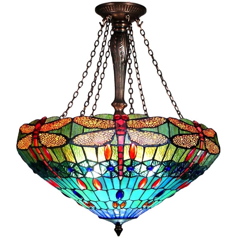 CHLOE Scarlett Tiffany 3 Light Dragonfly Inverted Ceiling Pendant 24