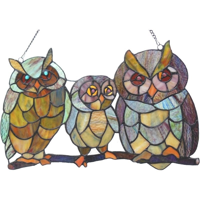 CHLOE Ollie Tiffany-glass Owls Family Window Panel 11x17