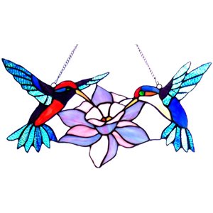 CHLOE Nectar Tiffany-glass Hummingbirds Window Panel 18&quot Wide