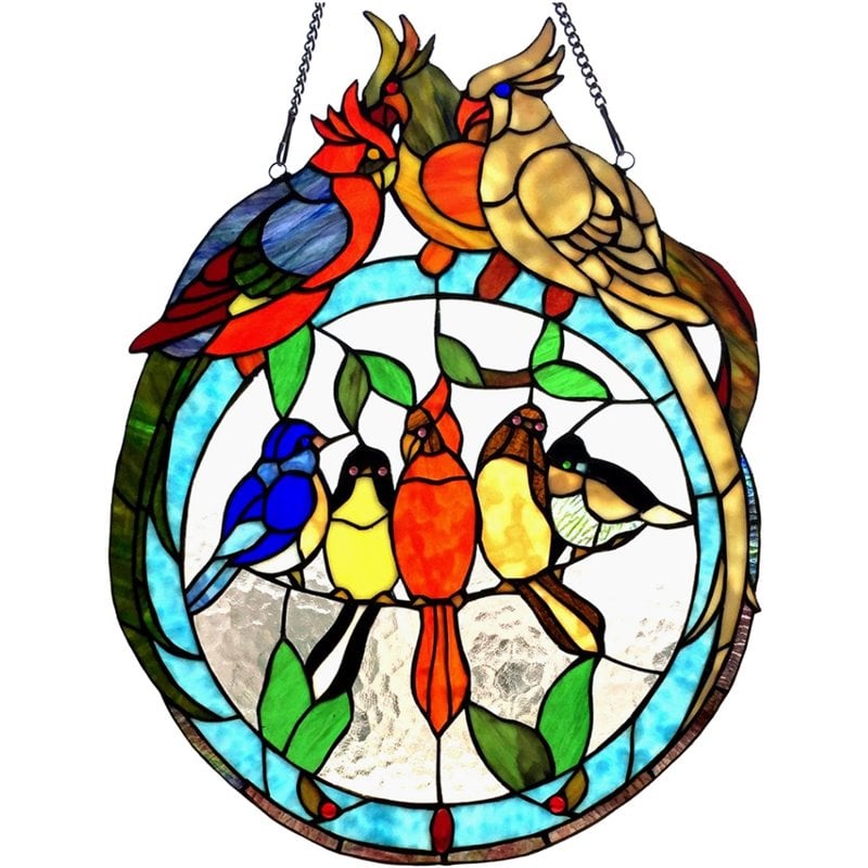 CHLOE Songbird Tiffany-glass featuring Birds Resting on Wire Window Panel 19x25