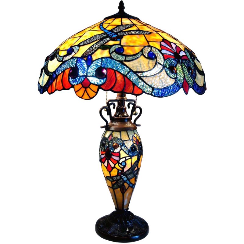 CHLOE 3 Light Tiffany Style Dragonfly Double Lit Table Lamp 18